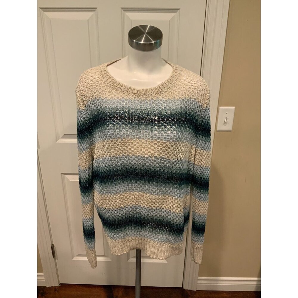 Weekend Max Mara Gray & White Ombre Stripe Loose Knit Crew Neck Sweater, Size L